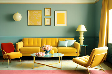 Aesthetic of the 1980s through interior design. Visualize an elegant living room from a frontal perspective, featuring a yellow ivory sofa, four photo frame mockups