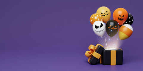 Happy Halloween Festive. Balloons from gift boxes on purple background. Halloween concept. Traditional October holiday. copy space. 3d render.
