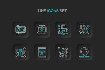 Set line Global technology, Neural network, Radioactive waste in barrel, Cyber security, Medical pill biohacking, First aid kit and Motherboard icon. Vector