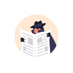 Special secret agent wearing sunglasses and a hat spying under cover of a newspaper, vector private detective in round