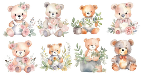 Set of cute Teddy Bears with flowers on transparent background, watercolor png, generated ai