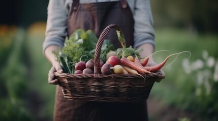 farmer with basket of vegetables and fruits, generative ai