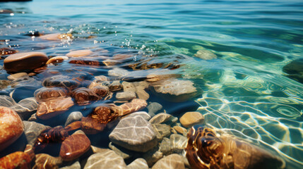 Obraz premium Top view, light pebbles on the seashore, water coming in