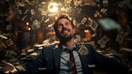 businessman with banknotes falling from the sky, wealth - obrazy, fototapety, plakaty