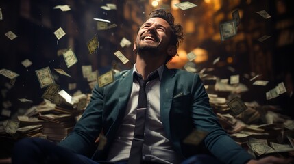 businessman with banknotes falling from the sky, wealth - obrazy, fototapety, plakaty
