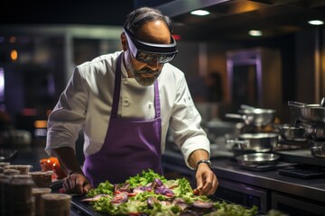 Chef simulation with virtual reality headset in the kitchen, Generate with Ai
