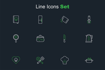 Set line Cooking pot, Chef hat, Spatula, Electric kettle, Knife, and Fried eggs on frying pan icon. Vector