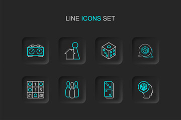 Set line Game dice, Domino, Bowling pin, Bingo card, Chip for board game and Time chess clock icon. Vector
