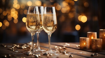 wine or champagne glasses on New year's eve or new year's eve party - obrazy, fototapety, plakaty