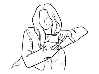 Continuous one line drawing of a woman holding a cup of coffee. Vector illustration.