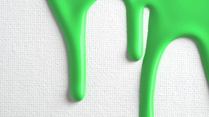 Pale green liquid drops of paint color flow down on white canvas. Abstract art. Green paint dripping on the white wall with copy space - Powered by Adobe