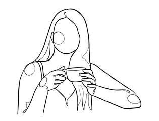 Continuous one line drawing of a woman holding a cup of coffee. Vector illustration.
