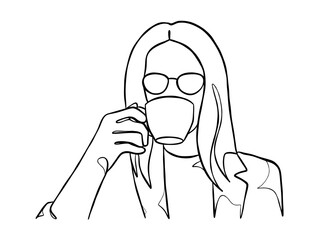 Continuous one line drawing of a woman holding a cup of coffee. Vector illustration.