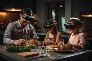 Father and daughter wearing virtual reality technology on dining table, Generate with Ai