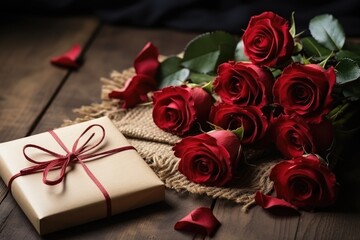 Bouquet of red roses and gift with ribbons on wooden table, close up. Wedding or Valentine's Day celebration