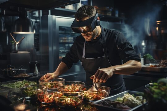Chef simulation with virtual reality headset in the kitchen, Generate with Ai - Powered by Adobe
