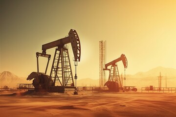 Drilling derricks extracting crude oil from desert oilfield. Oilfield services contractor with drill rig and pump jack. Petroleum production, natural gas, liquids, NGL, additive. Generative AI - obrazy, fototapety, plakaty