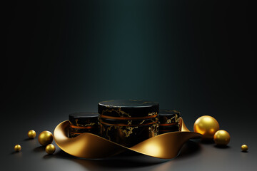 Black marble stone podiums, luxury pedestals for display award or winner 3d render. Empty cylinder stage with gold spiral ribbon and spheres, stand for exhibition in dark showroom. 3D illustration