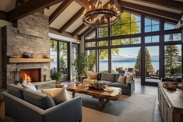 Stunning living room in upscale home boasting a fireplace, high ceilings, and wooden beams. Expansive windows offer tree-filled views of the sky. Generative AI
