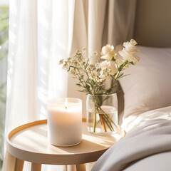 Candle in the frosted glass mockup on the table nearby bed in the bedroom