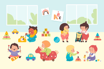 Cute babies play toys in daycare centre or kindergarten flat vector illustration.