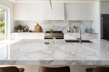 White marble kitchen islands or countertop with ample space above a blurred minimalist white kitchen. Generative AI