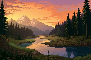 8-bit pixel art showing a scenic valley with a lake. Generative AI