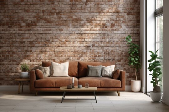 3D render of a cozy living room featuring a sofa against a textured brick wall. Generative AI