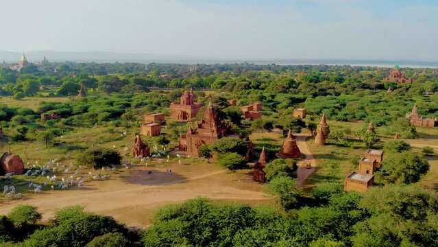 Bagan Myanmar, Sunrise above temples and pagodas of Bagan Myanmar, landscape with temples and pagodas