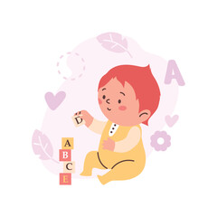 Child baby builds a tower from toy blocks, aflat vector illustration isolated.