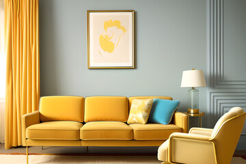 Aesthetic of the 1980s through interior design. Visualize an elegant living room from a frontal perspective, featuring a vintage yellow ivory sofa, vertical poster mockup