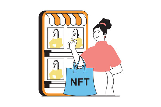 NFT token concept with people scene in flat web design. Woman choosing collectible artwork pictures at virtual gallery for buying. Vector illustration for social media banner, marketing material.