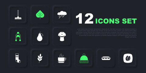 Set Homemade pie, Leaf, Pear, Winter hat, and Coffee cup icon. Vector