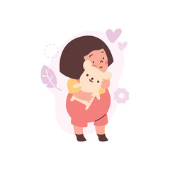 Cheerful little girl hugging a teddy bear, baby playing toys, vector cartoon concept children development and education