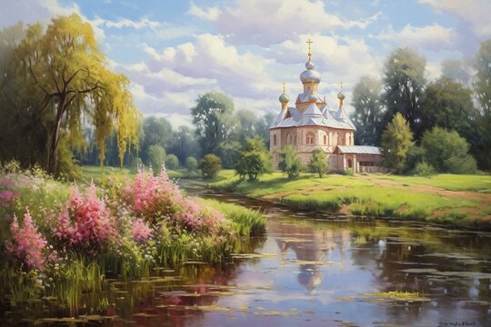 Scenic Russian oil painting of summer landscape with Novgorod architecture. Generative AI