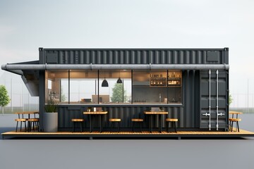 3D render of a gray isolated cafe made from a converted shipping container. Generative AI