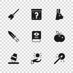 Set Ball levitating above hand, Poison apple, Magic wand, Ancient magic book, Rabbit with ears, Witches broom, Mystery box and Dagger icon. Vector