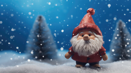 Naklejka na ściany i meble Toy cute Swedish Scandinavian folklore Christmas gnome nisse, tomte, with a big red hat and white beard, in the style of Danish design, with christmas background. Copy space