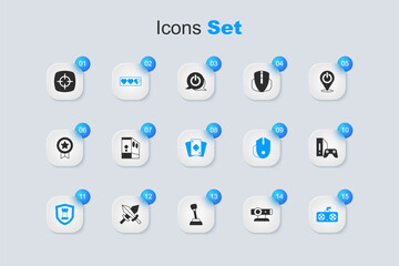 Set Web camera, Case of computer, Game life bar, Chess shield, controller or joystick, console with, Target sport and Playing cards icon. Vector