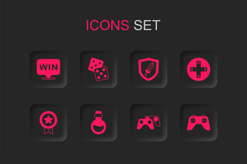 Set Bottle with magic elixir, Game dice, Medal, controller or joystick, Sword for game and rating medal icon. Vector