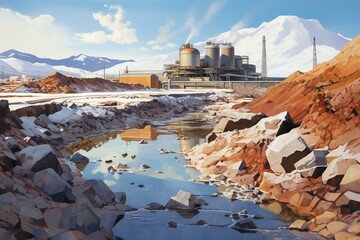 Salt Lake City landscape with salt mining factory, mineral piles, and equipment. Generative AI