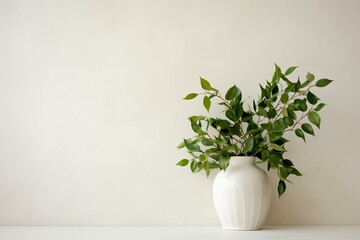 A white wall covered in green leaves and a white vase holding a plant. Generative AI