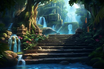 Tropical environment with cascades, plants and terraced steps. Inspired by League of Legends game. Generative AI