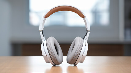 Fototapeta na wymiar headphones, on table, blur background