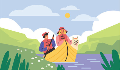 People with dog sail on a wooden boat, river in summer time, eco friendly tourism in wild nature vector cartoon illustration