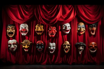 Red curtain featuring theater masks depicting comedy and drama. Generative AI - obrazy, fototapety, plakaty
