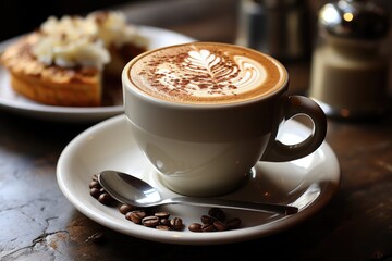 Cup of cappuccino on table with pastries in cafe or at home in kitchen. Milk foam in heart shape leaf tree on top of latte art from professional barista.