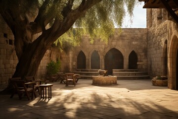 Outdoor space at the Jerusalem church where Jesus Christ was crucified, buried, and resurrected. Generative AI