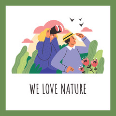 Nature lovers poster, happy people contemplating nature with binoculars, flat vector illustration.