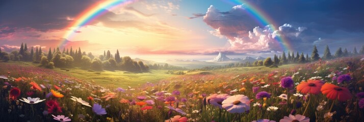 Landscape of a field of flowers with a rainbow